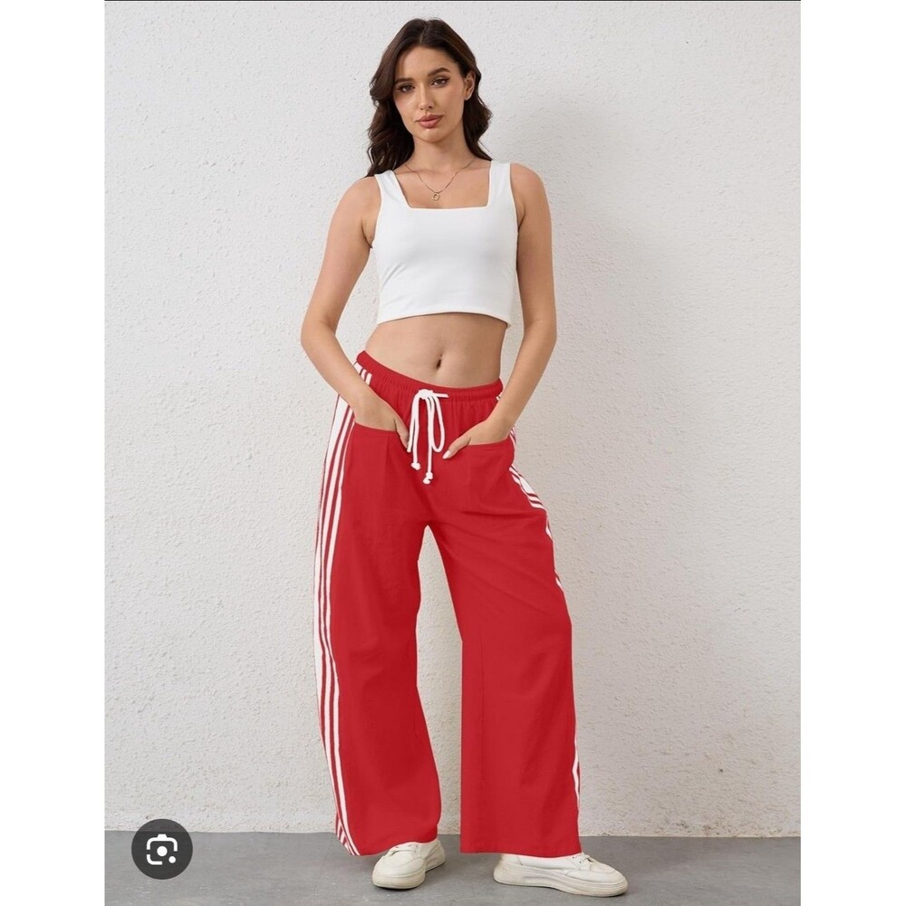 Wide Leg Pants Womens 2XL Red White Crayon Striped Drawstring Elastic Waist